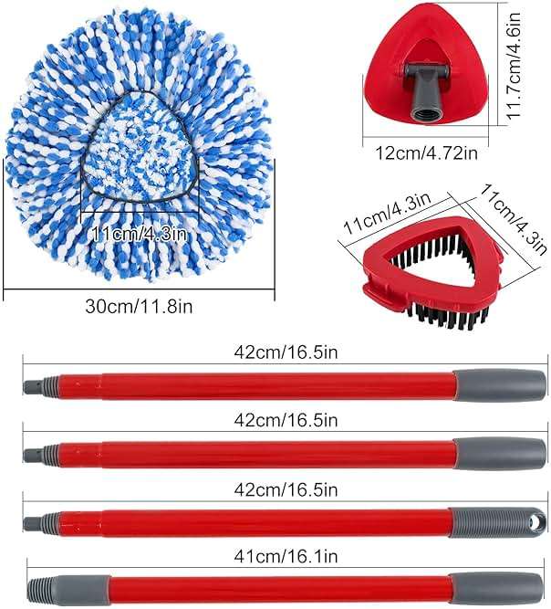 Spin Mop Handle,Mop Head,Base and Brush for OCedar RinseClean 2 Tank System,Include 2 Microfiber Spin Mop Replacement Head,4 Section 30-58" Iron Mop Handle,1 Base and 1 Scrub Brush for Floor Cleaning - Image 2