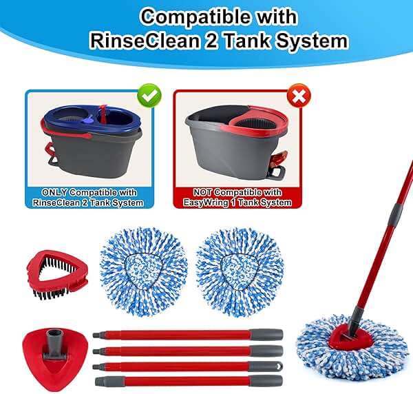 Spin Mop Handle,Mop Head,Base and Brush for OCedar RinseClean 2 Tank System,Include 2 Microfiber Spin Mop Replacement Head,4 Section 30-58" Iron Mop Handle,1 Base and 1 Scrub Brush for Floor Cleaning - Image 5