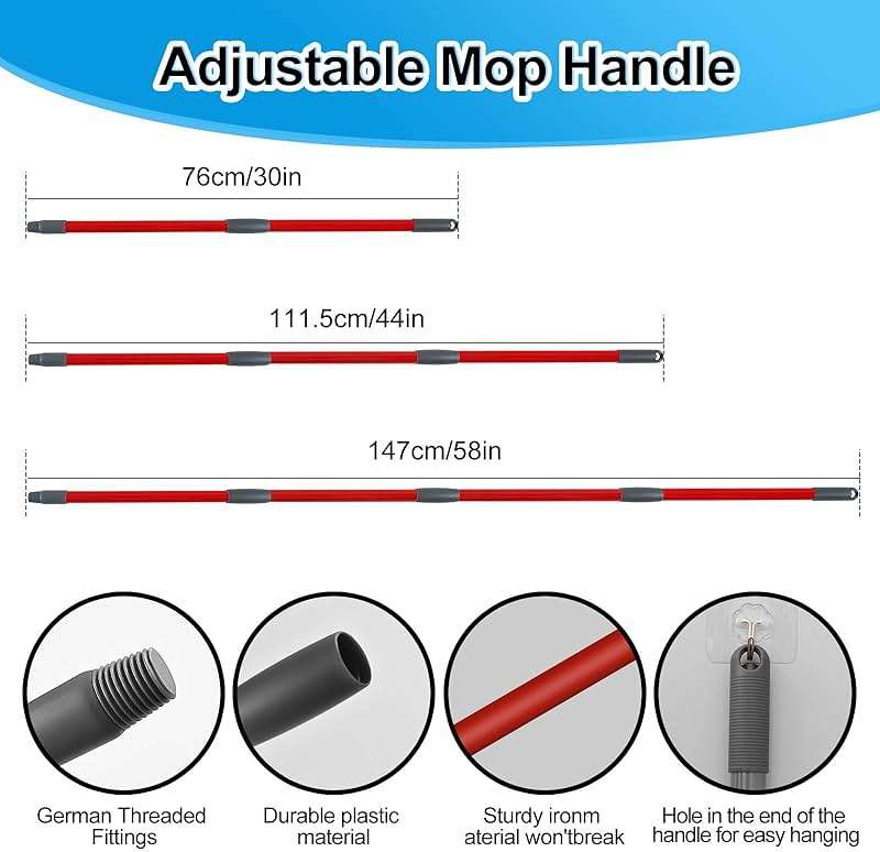 Spin Mop Handle,Mop Head,Base and Brush for OCedar RinseClean 2 Tank System,Include 2 Microfiber Spin Mop Replacement Head,4 Section 30-58" Iron Mop Handle,1 Base and 1 Scrub Brush for Floor Cleaning - Image 7