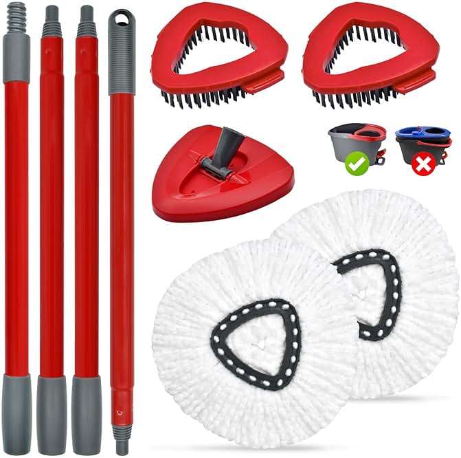 Spin Mop Handle,Mop Replace Heads,Brush and Base Compatible with O Cedar EasyWring 1 Tank,2 Microfiber Mop Refills and Brush,4-Section 30-58" Mop Handle,Mop Base Combo Set for Wet/Dry Floor Cleaning - Image 1