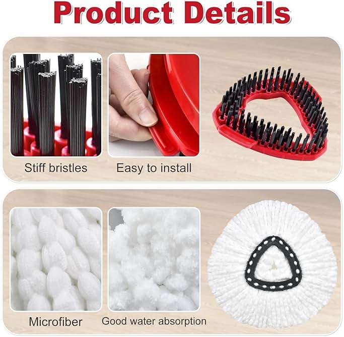 Spin Mop Handle,Mop Replace Heads,Brush and Base Compatible with O Cedar EasyWring 1 Tank,2 Microfiber Mop Refills and Brush,4-Section 30-58" Mop Handle,Mop Base Combo Set for Wet/Dry Floor Cleaning - Image 2