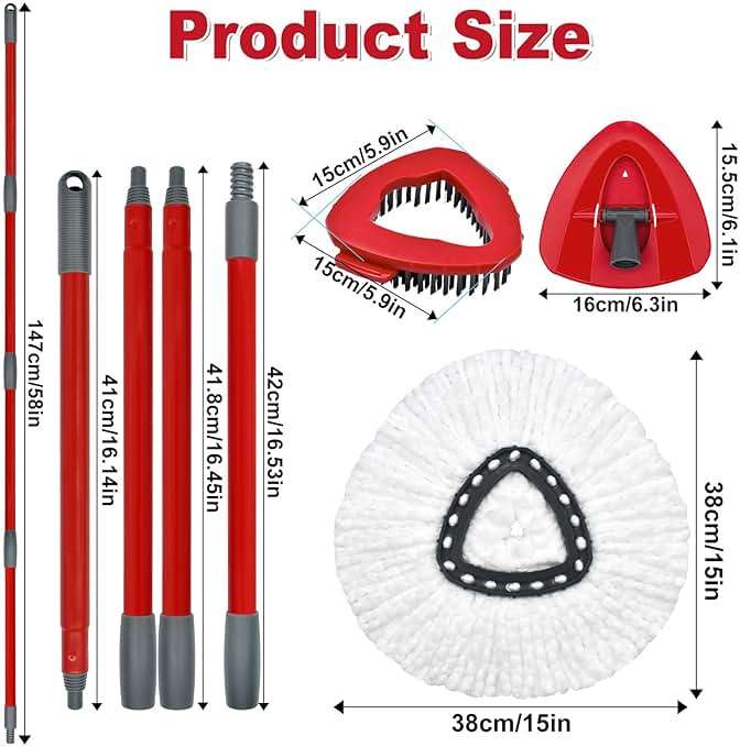 Spin Mop Handle,Mop Replace Heads,Brush and Base Compatible with O Cedar EasyWring 1 Tank,2 Microfiber Mop Refills and Brush,4-Section 30-58" Mop Handle,Mop Base Combo Set for Wet/Dry Floor Cleaning - Image 3