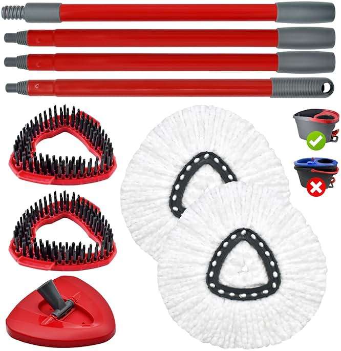 Spin Mop Handle,Mop Replace Heads,Brush and Base Compatible with O Cedar EasyWring 1 Tank,2 Microfiber Mop Refills and Brush,4-Section 30-58" Mop Handle,Mop Base Combo Set for Wet/Dry Floor Cleaning - Image 4