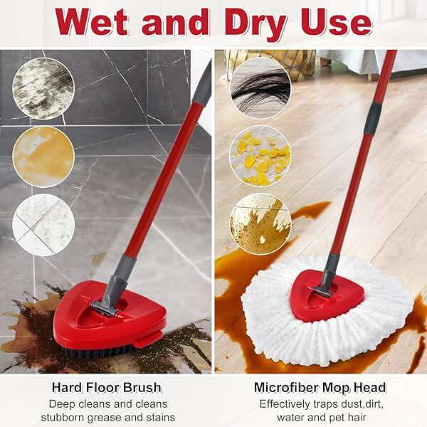 Spin Mop Handle,Mop Replace Heads,Brush and Base Compatible with O Cedar EasyWring 1 Tank,2 Microfiber Mop Refills and Brush,4-Section 30-58" Mop Handle,Mop Base Combo Set for Wet/Dry Floor Cleaning - Image 5