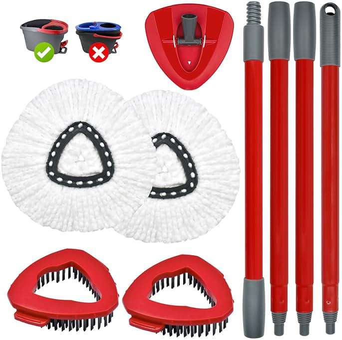 Spin Mop Handle,Mop Replace Heads,Brush and Base Compatible with O Cedar EasyWring 1 Tank,2 Microfiber Mop Refills and Brush,4-Section 30-58" Mop Handle,Mop Base Combo Set for Wet/Dry Floor Cleaning - Image 9