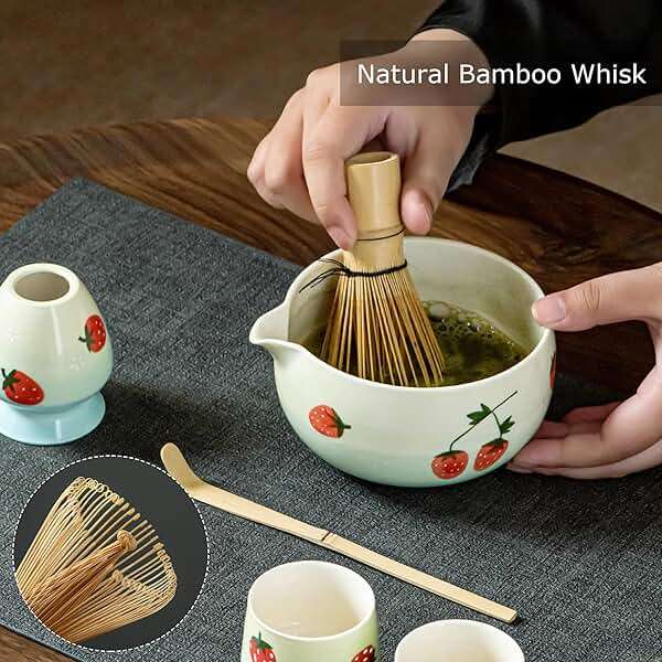 Matcha Whisk Set, Cute Strawberry Matcha Bowl Set with 2 Cups, Bamboo Whisk, Scoop & Holder, Matcha Kit Gift for Tea Lovers and Tea Ceremony, Birthday, Anniversary - Image 5