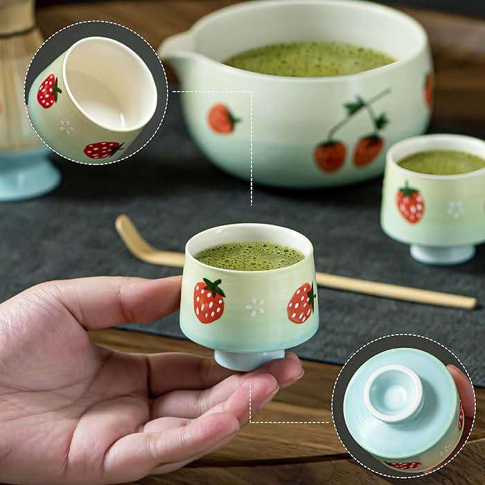 Matcha Whisk Set, Cute Strawberry Matcha Bowl Set with 2 Cups, Bamboo Whisk, Scoop & Holder, Matcha Kit Gift for Tea Lovers and Tea Ceremony, Birthday, Anniversary - Image 8