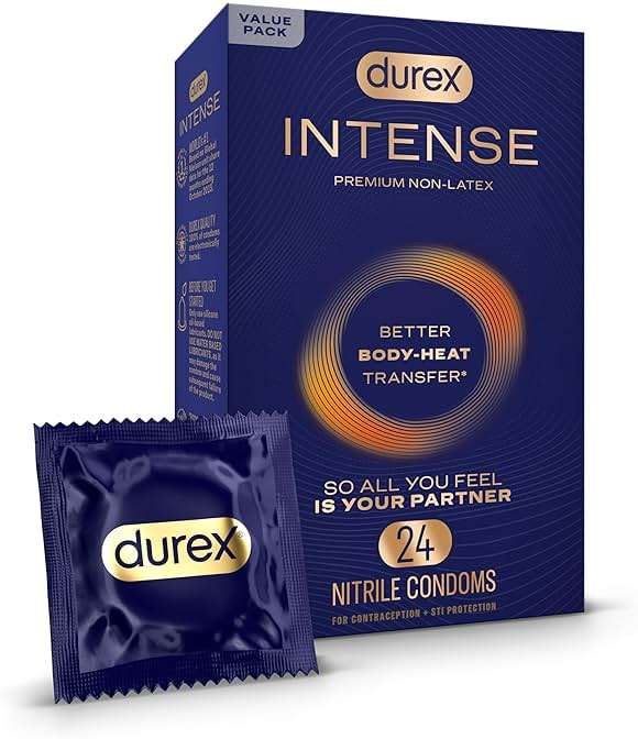 Durex Intense Nitrile Condoms, Ultra Thin Premium Non Latex Condoms Lubricated with Silicone Lube, 24 ct - Image 1
