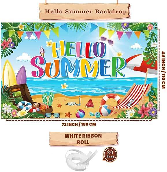 Summer Party Decorations, Hello Summer Beach Party Backdrop Banner, Colorful Beach Scene Photography Background,71 x 43 inches - Image 2