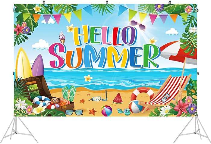 Summer Party Decorations, Hello Summer Beach Party Backdrop Banner, Colorful Beach Scene Photography Background,71 x 43 inches - Image 3
