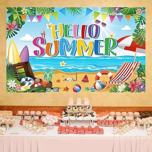 Summer Party Decorations, Hello Summer Beach Party Backdrop Banner, Colorful Beach Scene Photography Background,71 x 43 inches - Image 4