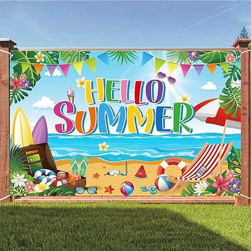 Summer Party Decorations, Hello Summer Beach Party Backdrop Banner, Colorful Beach Scene Photography Background,71 x 43 inches - Image 5