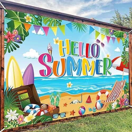 Summer Party Decorations, Hello Summer Beach Party Backdrop Banner, Colorful Beach Scene Photography Background,71 x 43 inches - Image 6