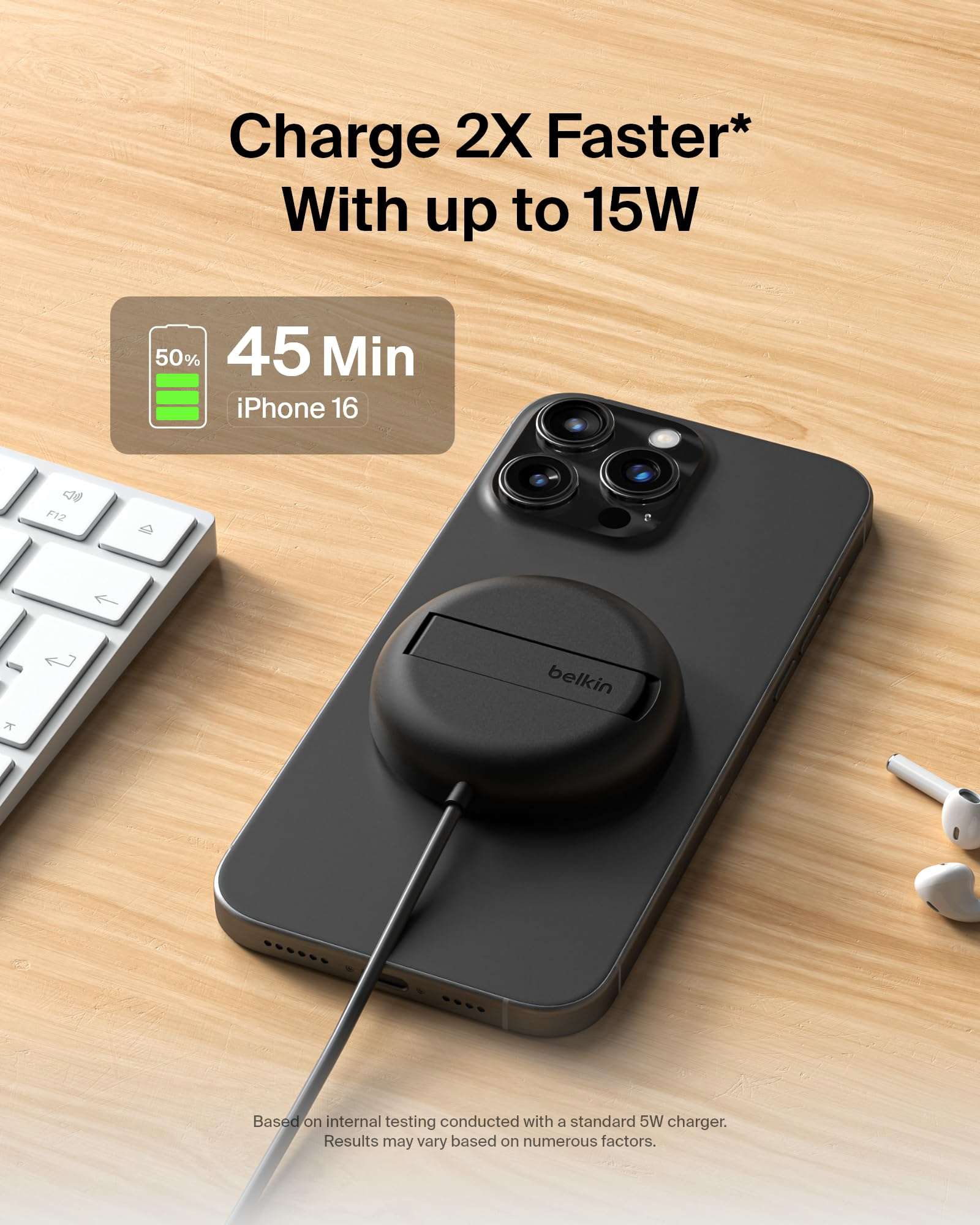 Belkin Magnetic Wireless Charging Pad Qi2 15W w/Kickstand - MagSafe-Compatible Qi2-Certified Wireless Charger for iPhone 17 Series, Samsung Galaxy S25 Series, AirPods (No PSU) - Black - Image 4