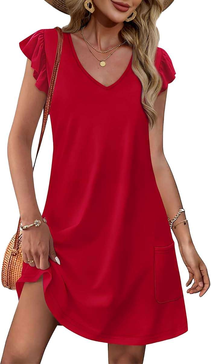 OFEEFAN Womens Summer Dresses 2026 Ruffle Sleeve V Neck Loose Swing Sundresses with Pockets Plain/Print - Image 1