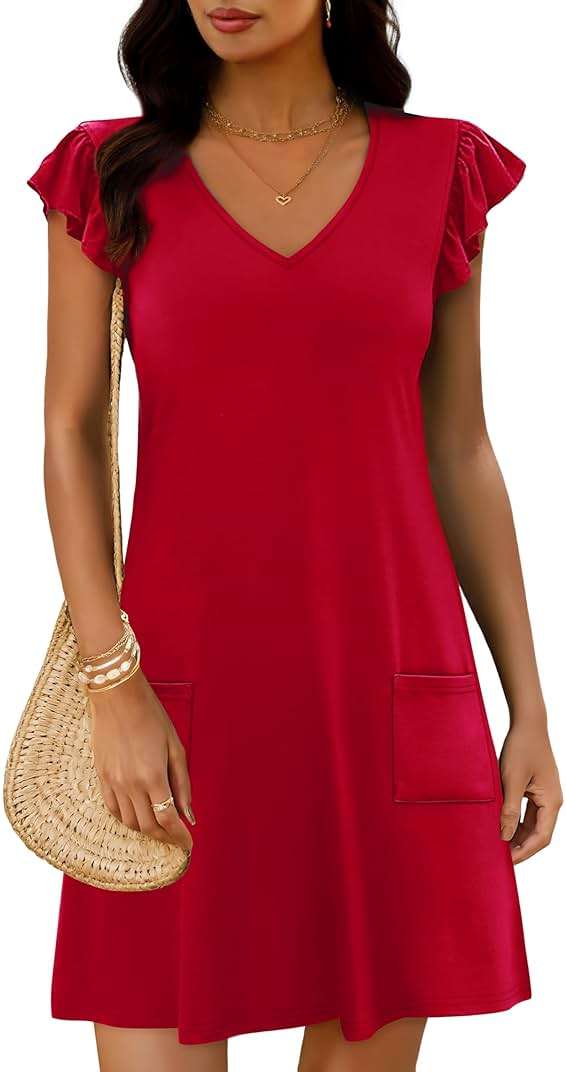 OFEEFAN Womens Summer Dresses 2026 Ruffle Sleeve V Neck Loose Swing Sundresses with Pockets Plain/Print - Image 3
