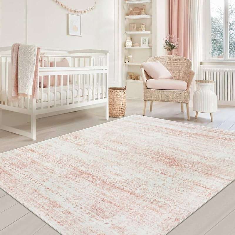 Srugn Washable Rugs 5x7 Area Rugs for Living Room,Bedroom,Dining Room- Ultra Soft Faux Wool Nursery Rug for Baby Girl,Neutral Light Pink Low Pile Vintage Carpets for Dorm Kids Playroom,Non Slip - Image 1