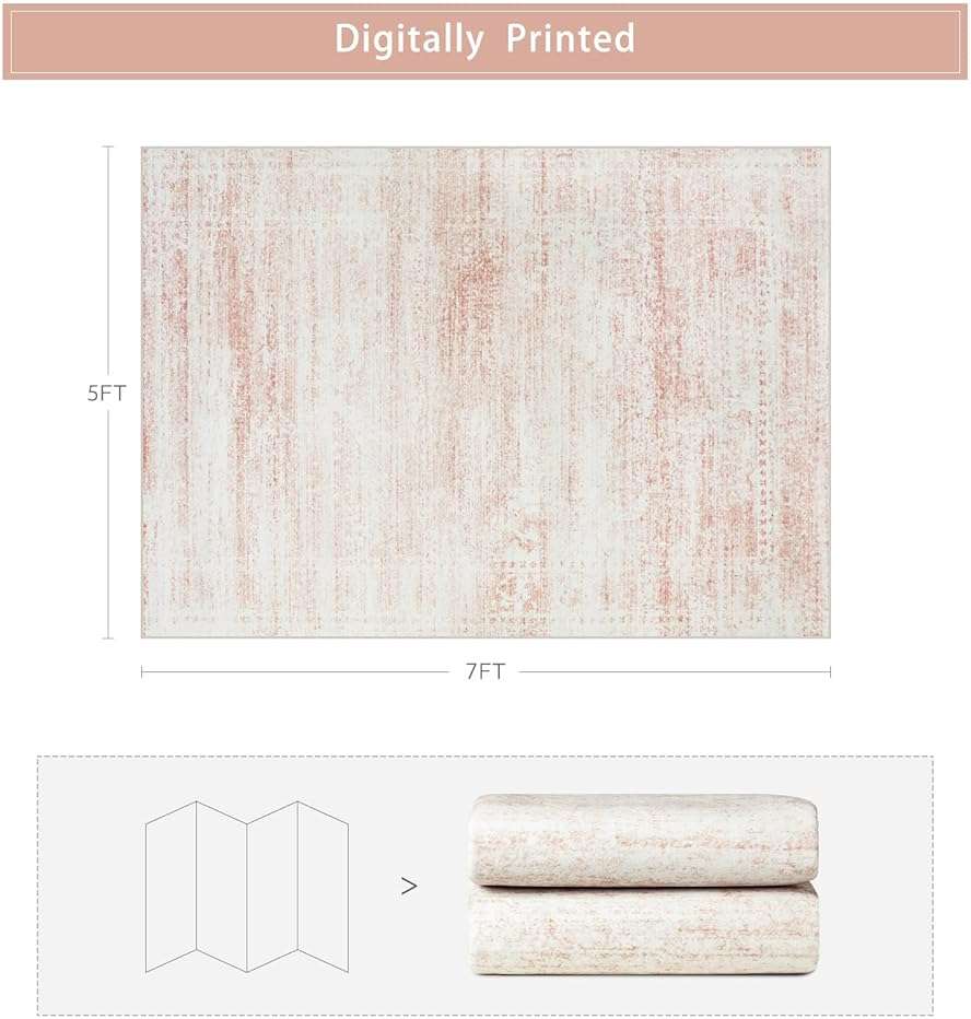 Srugn Washable Rugs 5x7 Area Rugs for Living Room,Bedroom,Dining Room- Ultra Soft Faux Wool Nursery Rug for Baby Girl,Neutral Light Pink Low Pile Vintage Carpets for Dorm Kids Playroom,Non Slip - Image 2