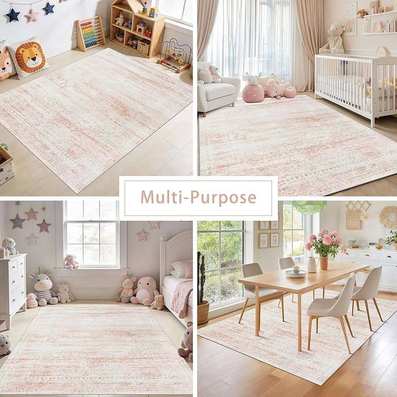 Srugn Washable Rugs 5x7 Area Rugs for Living Room,Bedroom,Dining Room- Ultra Soft Faux Wool Nursery Rug for Baby Girl,Neutral Light Pink Low Pile Vintage Carpets for Dorm Kids Playroom,Non Slip - Image 5