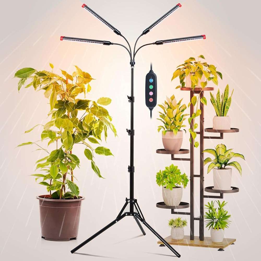 FRGROW 4Head Grow Light with Stand for Tall Indoor Plants, Bonsai Tree, Bright Full Spectrum Plant Growing Lamps, 4/8/12/16/20H Timer, 36 Watt Power Draw, NO Need Adapter, 360° Gooseneck - Image 1