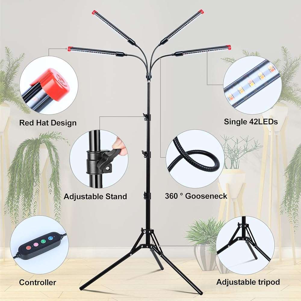 FRGROW 4Head Grow Light with Stand for Tall Indoor Plants, Bonsai Tree, Bright Full Spectrum Plant Growing Lamps, 4/8/12/16/20H Timer, 36 Watt Power Draw, NO Need Adapter, 360° Gooseneck - Image 5