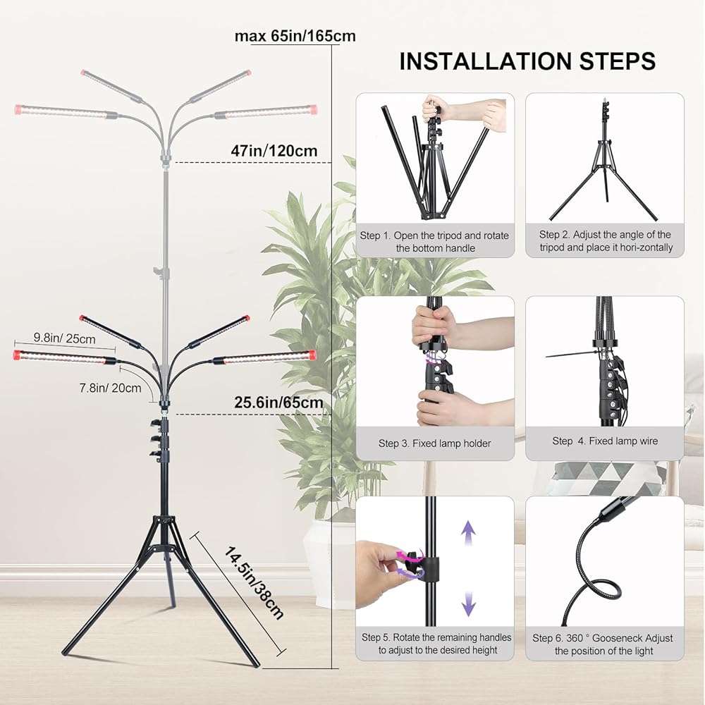FRGROW 4Head Grow Light with Stand for Tall Indoor Plants, Bonsai Tree, Bright Full Spectrum Plant Growing Lamps, 4/8/12/16/20H Timer, 36 Watt Power Draw, NO Need Adapter, 360° Gooseneck - Image 6