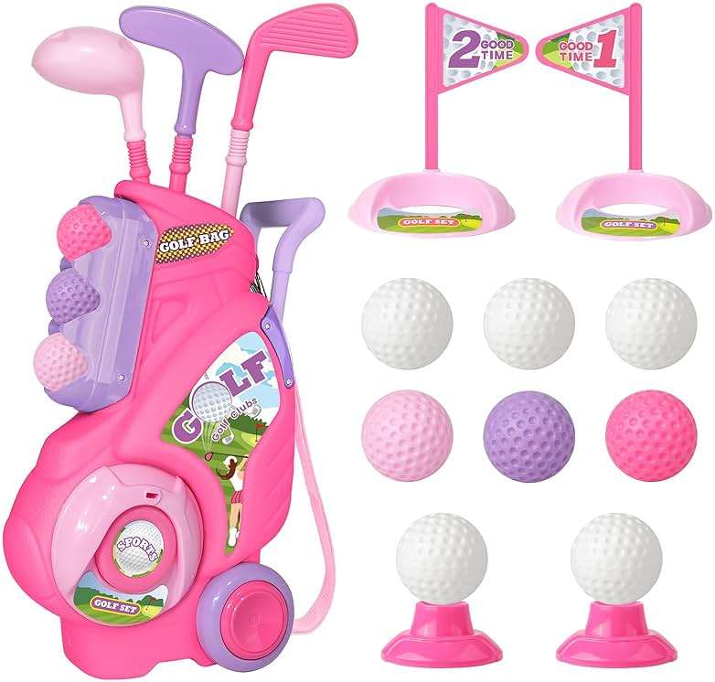 Jovizo Toddler Golf Set for Girls Boys 2 3 4 Years Old, Upgraded Kids Golf Cart with 3 Clubs & 8 Balls, Outdoor Indoor Sports Toys Birthday Gift, Pink - Image 1