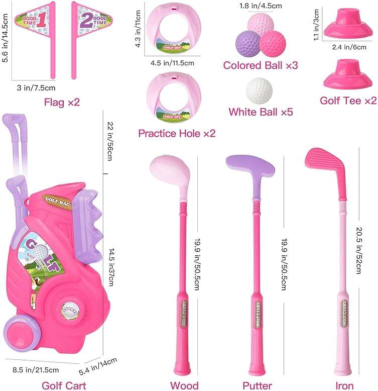 Jovizo Toddler Golf Set for Girls Boys 2 3 4 Years Old, Upgraded Kids Golf Cart with 3 Clubs & 8 Balls, Outdoor Indoor Sports Toys Birthday Gift, Pink - Image 2
