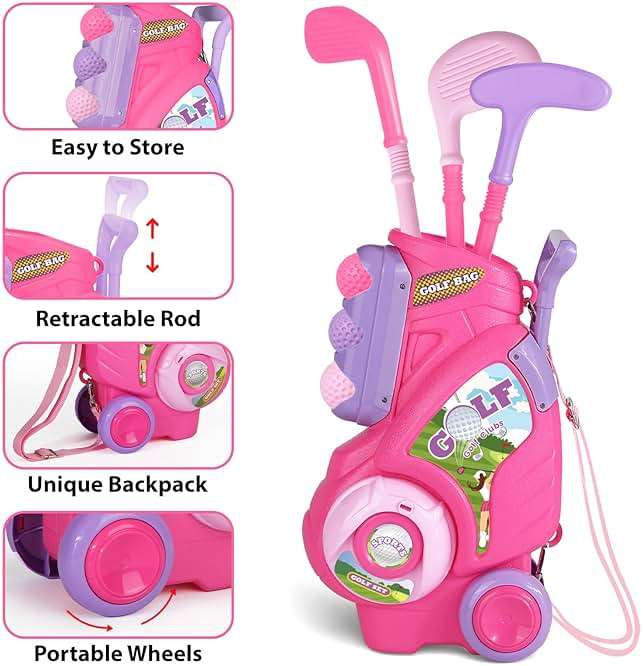 Jovizo Toddler Golf Set for Girls Boys 2 3 4 Years Old, Upgraded Kids Golf Cart with 3 Clubs & 8 Balls, Outdoor Indoor Sports Toys Birthday Gift, Pink - Image 3
