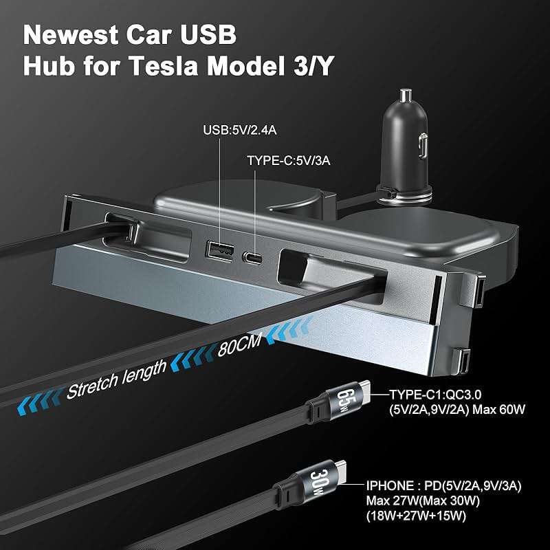 65W USB Hub for Tesla Model 3 Highland/Model Y Juniper 2024 2025 Waterproof - 4Ports Fast Charger Tesla Accessories for Tesla Phone Charger 2 Type-C Fast Charging Cables - Image 3