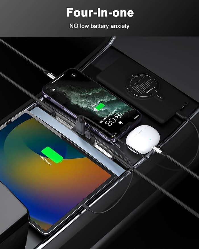 65W USB Hub for Tesla Model 3 Highland/Model Y Juniper 2024 2025 Waterproof - 4Ports Fast Charger Tesla Accessories for Tesla Phone Charger 2 Type-C Fast Charging Cables - Image 5
