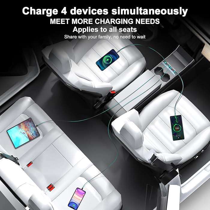 65W USB Hub for Tesla Model 3 Highland/Model Y Juniper 2024 2025 Waterproof - 4Ports Fast Charger Tesla Accessories for Tesla Phone Charger 2 Type-C Fast Charging Cables - Image 6