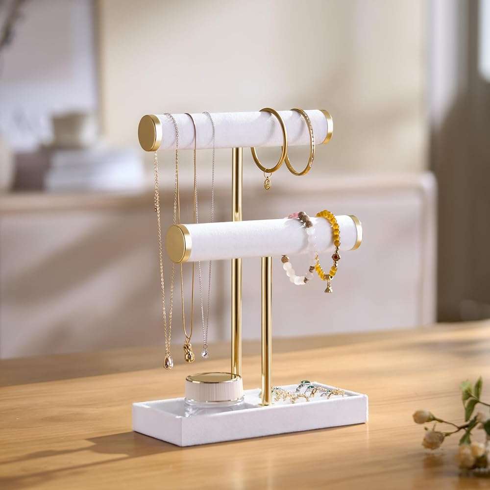 bussdis 2 Tier Bracelet Holder Display - Detachable T Bar White Velvet Bracelet Holder, Jewelry Holder Organizer for Bracelet, Necklace, Earrings, Rings - Image 2