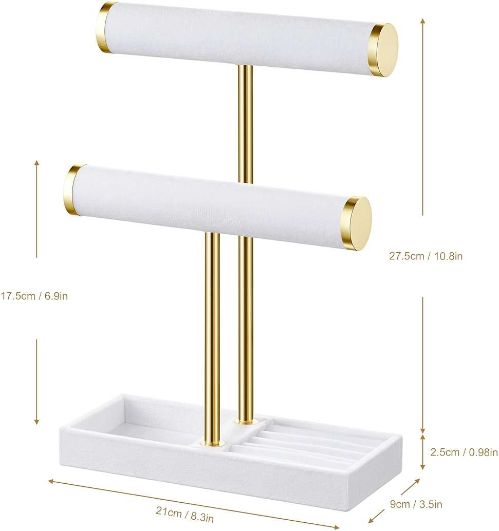 bussdis 2 Tier Bracelet Holder Display - Detachable T Bar White Velvet Bracelet Holder, Jewelry Holder Organizer for Bracelet, Necklace, Earrings, Rings - Image 3