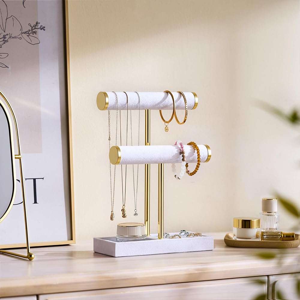 bussdis 2 Tier Bracelet Holder Display - Detachable T Bar White Velvet Bracelet Holder, Jewelry Holder Organizer for Bracelet, Necklace, Earrings, Rings - Image 4