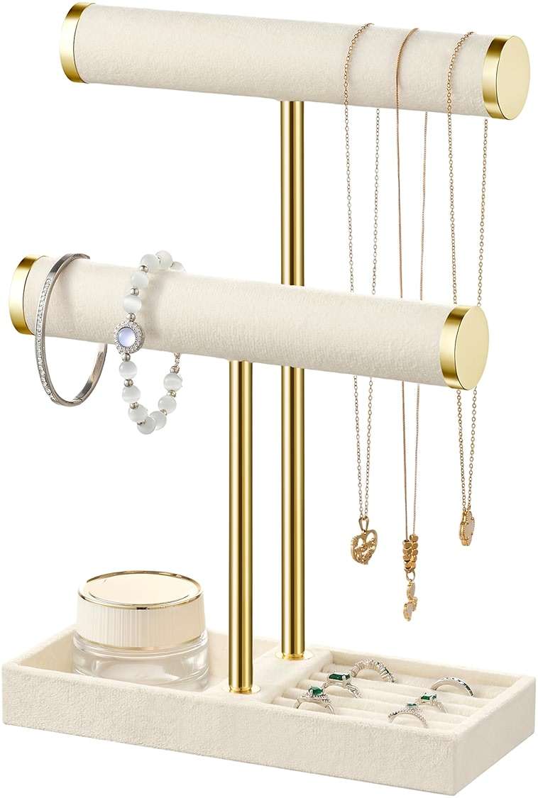 bussdis 2 Tier Bracelet Holder Display - Detachable T Bar Beige Velvet Bracelet Holder, Jewelry Holder Organizer for Bracelet, Necklace, Earrings, Rings - Image 1