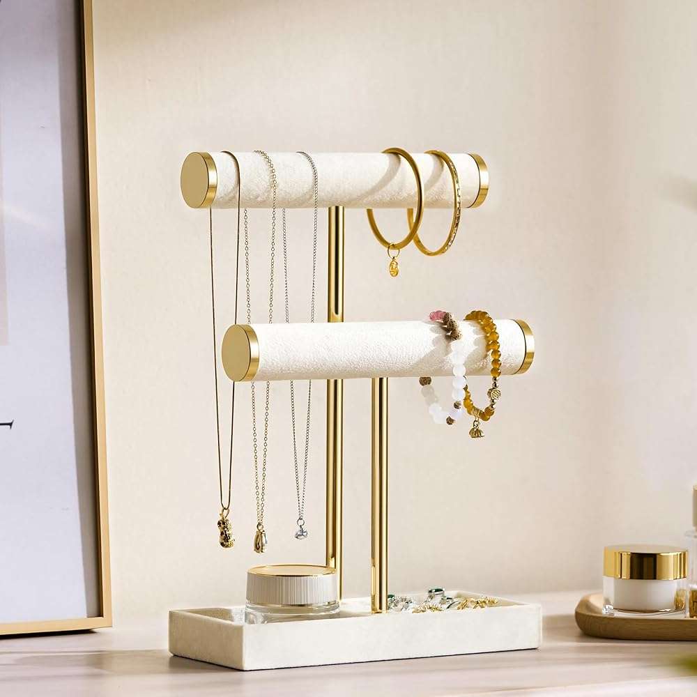 bussdis 2 Tier Bracelet Holder Display - Detachable T Bar Beige Velvet Bracelet Holder, Jewelry Holder Organizer for Bracelet, Necklace, Earrings, Rings - Image 2