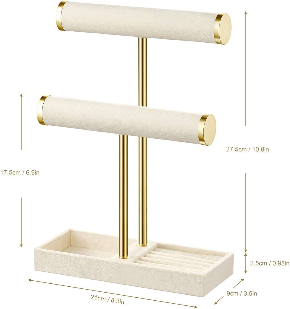 bussdis 2 Tier Bracelet Holder Display - Detachable T Bar Beige Velvet Bracelet Holder, Jewelry Holder Organizer for Bracelet, Necklace, Earrings, Rings - Image 3
