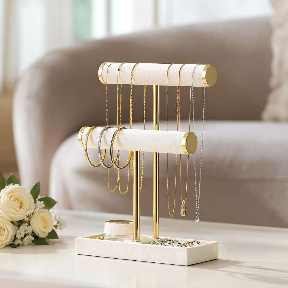 bussdis 2 Tier Bracelet Holder Display - Detachable T Bar Beige Velvet Bracelet Holder, Jewelry Holder Organizer for Bracelet, Necklace, Earrings, Rings - Image 4