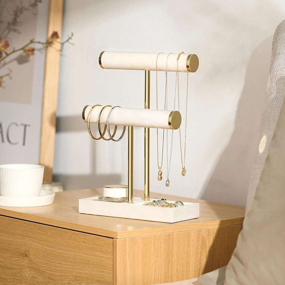bussdis 2 Tier Bracelet Holder Display - Detachable T Bar Beige Velvet Bracelet Holder, Jewelry Holder Organizer for Bracelet, Necklace, Earrings, Rings - Image 5