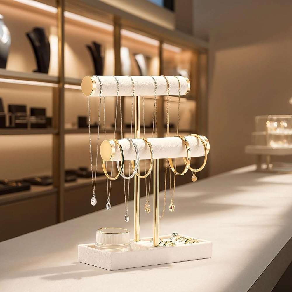 bussdis 2 Tier Bracelet Holder Display - Detachable T Bar Beige Velvet Bracelet Holder, Jewelry Holder Organizer for Bracelet, Necklace, Earrings, Rings - Image 6