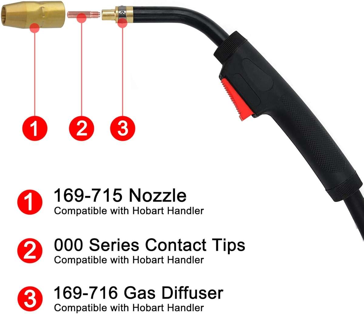 MIG Welding Gun Torch fits Hobart 245926 Hobart Handler 190/210/210MVP Mig Welders Parts,100A 15ft Hobart Welder Replacement Hobart H100S4-10 245926 with .030" .035" Tip-Nozzle-Diffuser - Image 2