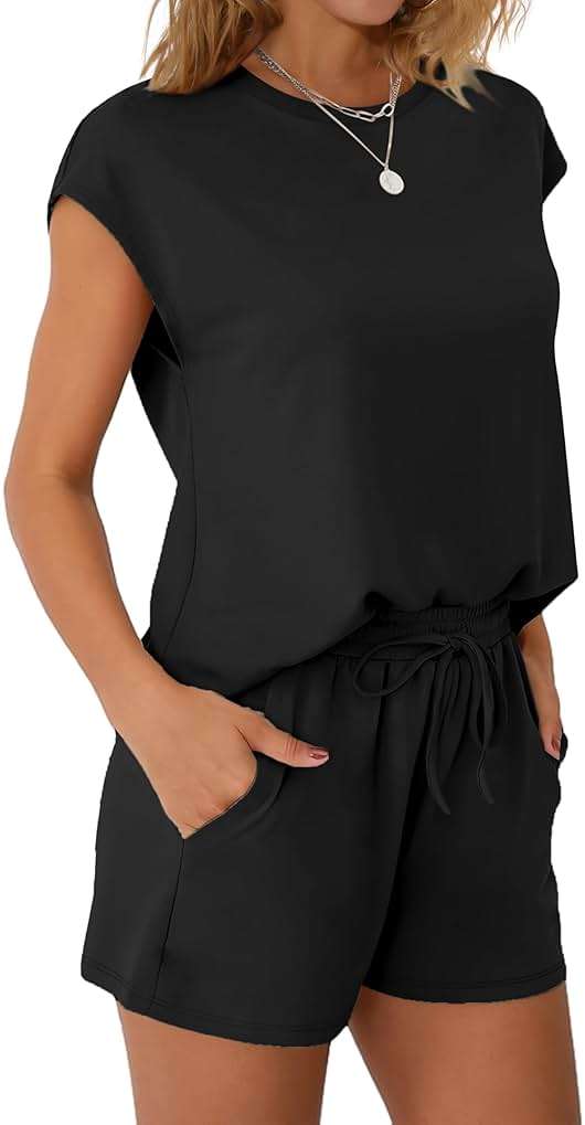 WIHOLL Two Piece Sets for Women Summer Crew Neck Lounge Short Sets Cap Sleeve Drawstring Sweatsuit with Pocket - Image 3