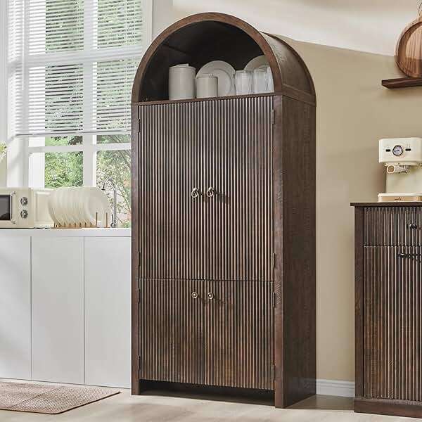 IFGET 71" Tall Arched Kitchen Pantry, Modern Fluted Wood Storage Cabinet with Doors, 3 Adjustable Shelves, 6 Door Shelves, Organizer, Versatile Cupboard for Kitchen, Bathroom, Brown - Image 1