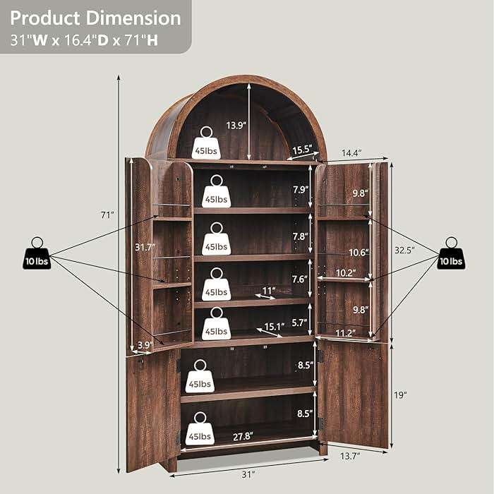 IFGET 71" Tall Arched Kitchen Pantry, Modern Fluted Wood Storage Cabinet with Doors, 3 Adjustable Shelves, 6 Door Shelves, Organizer, Versatile Cupboard for Kitchen, Bathroom, Brown - Image 2