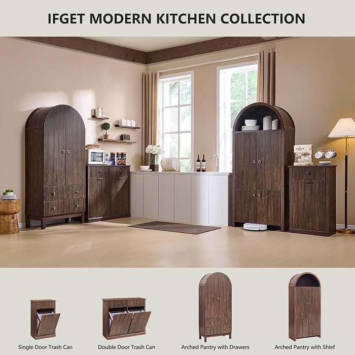 IFGET 71" Tall Arched Kitchen Pantry, Modern Fluted Wood Storage Cabinet with Doors, 3 Adjustable Shelves, 6 Door Shelves, Organizer, Versatile Cupboard for Kitchen, Bathroom, Brown - Image 6