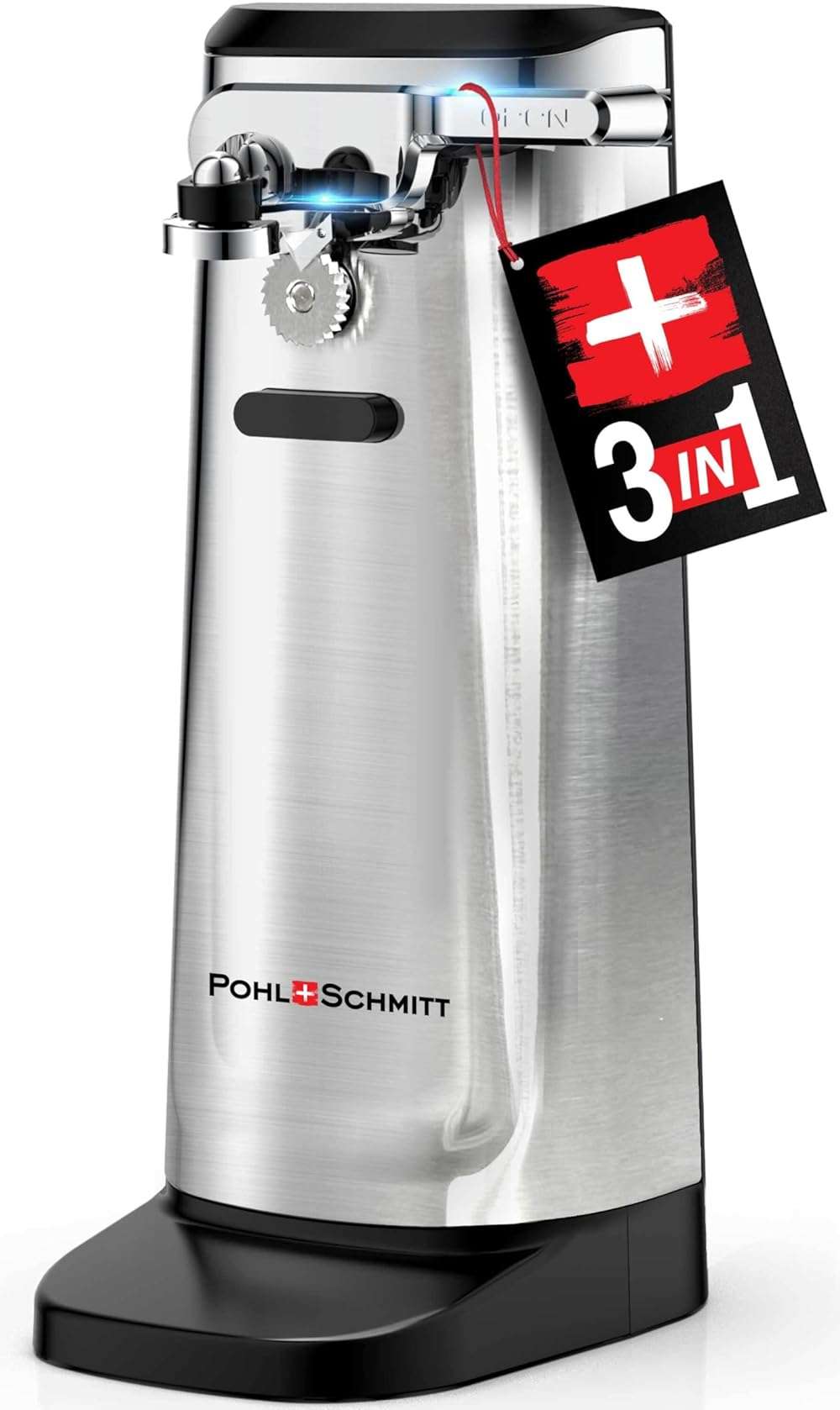 POHL SCHMITT Electric Can Opener, Knife Sharpener & Bottle Opener, Easy Push Down Lever, Works with Standard And Pop-Top Cans, Durable Stainless Steel & ABS - Kitchen Essentials and Accessories - Image 1