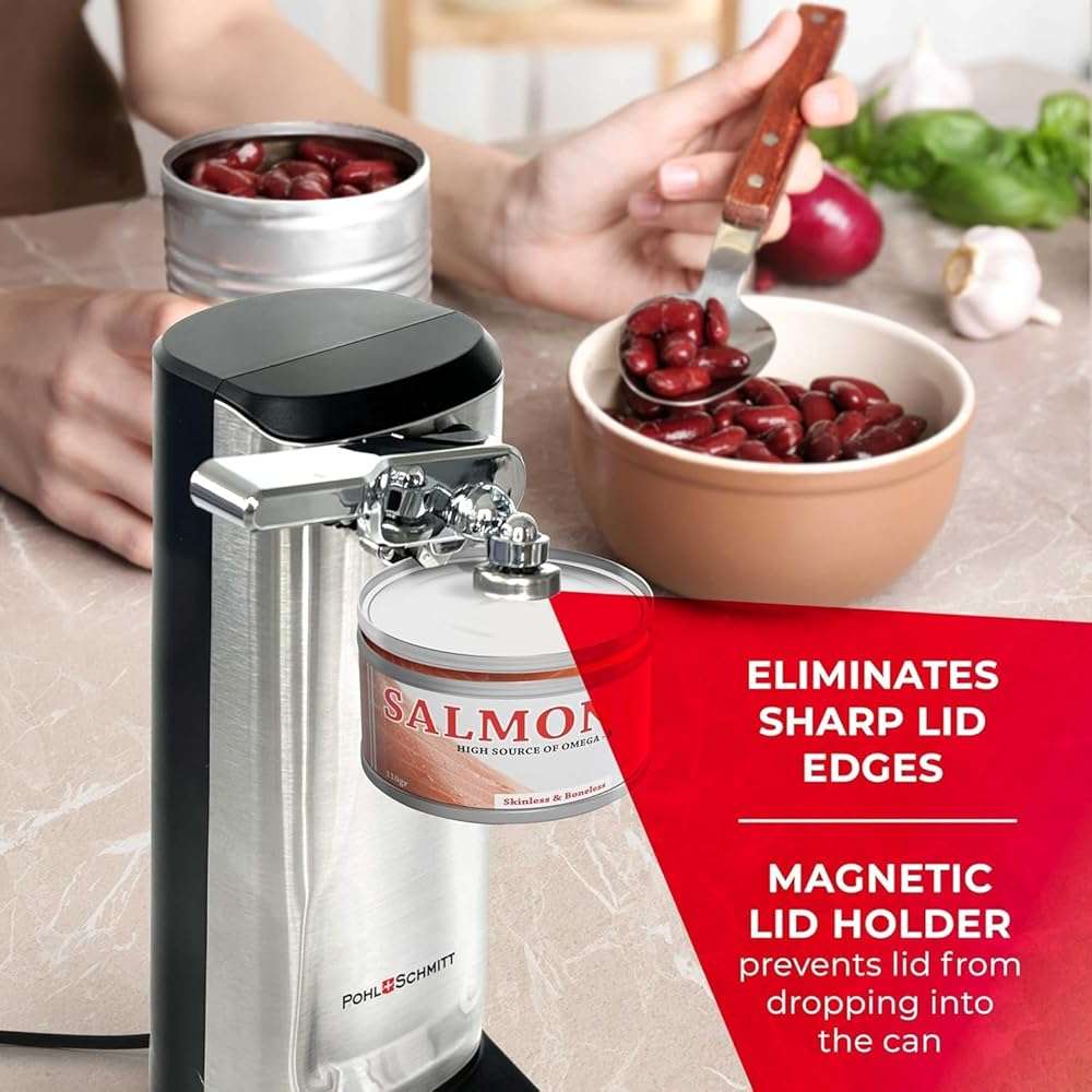 POHL SCHMITT Electric Can Opener, Knife Sharpener & Bottle Opener, Easy Push Down Lever, Works with Standard And Pop-Top Cans, Durable Stainless Steel & ABS - Kitchen Essentials and Accessories - Image 4