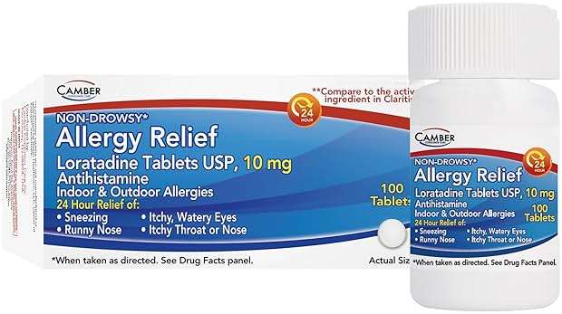 Camber Loratadine 10mg Allergy Pills, Antihistamine 24 Hour, Non Drowsy Allergy Relief (100 Tablets) - Image 1
