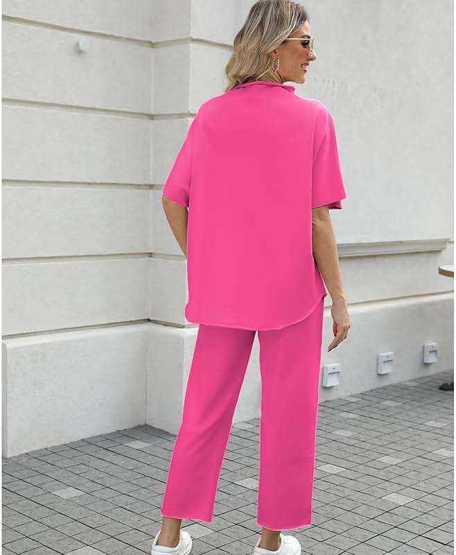 SeeLuNa Women's Two Piece Outfits 3/4 Batwing Sleeve Capelet Crew Neck Pullover Top Wide Leg Pants Lounge Set - Image 2